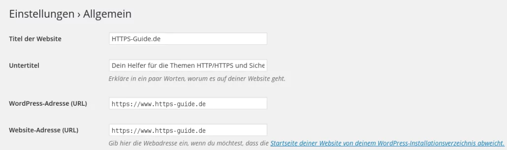 Wordpress Optionen für HTTPS